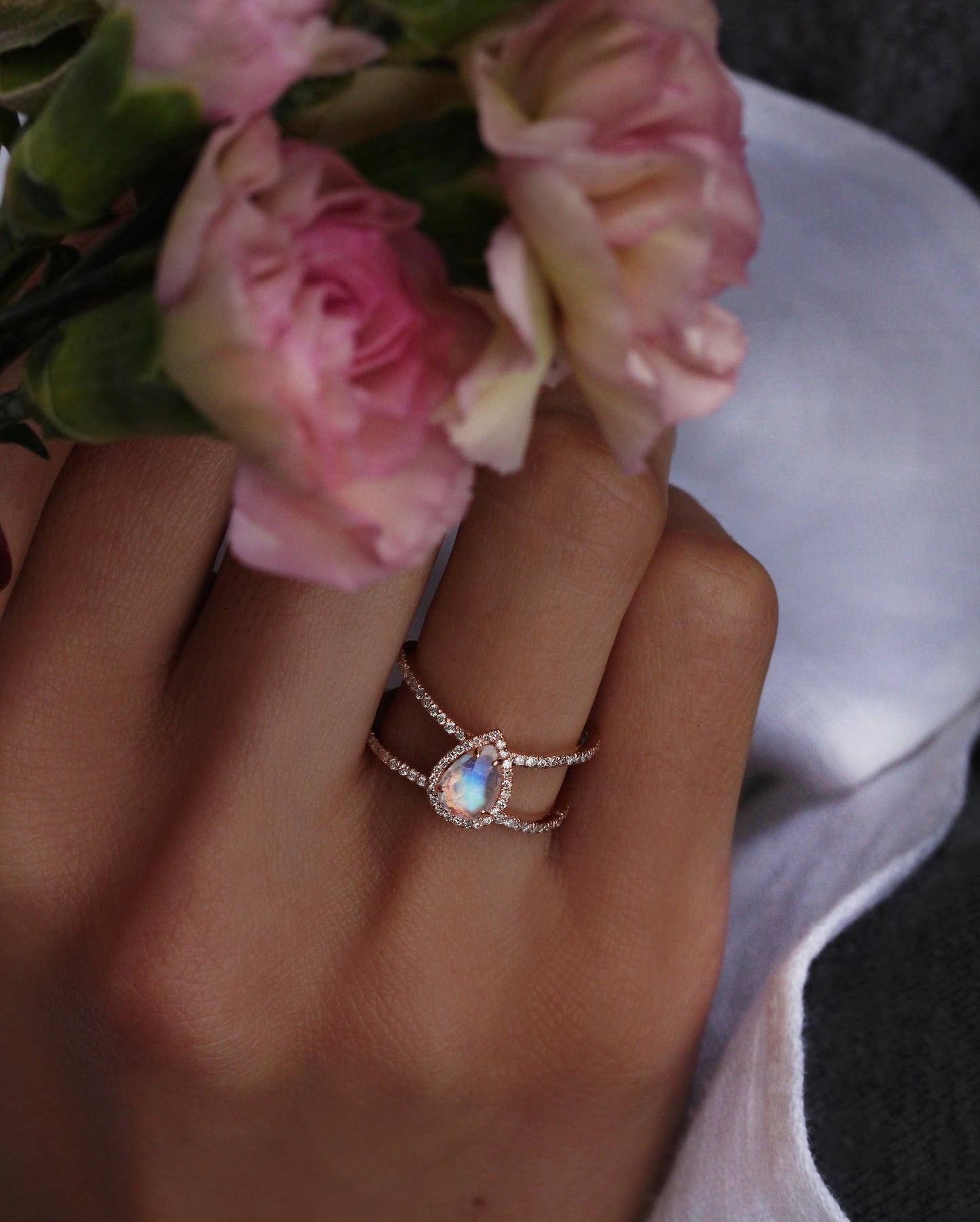 14kt gold and diamond Double Band Teardrop Moonstone ring - Luna Skye