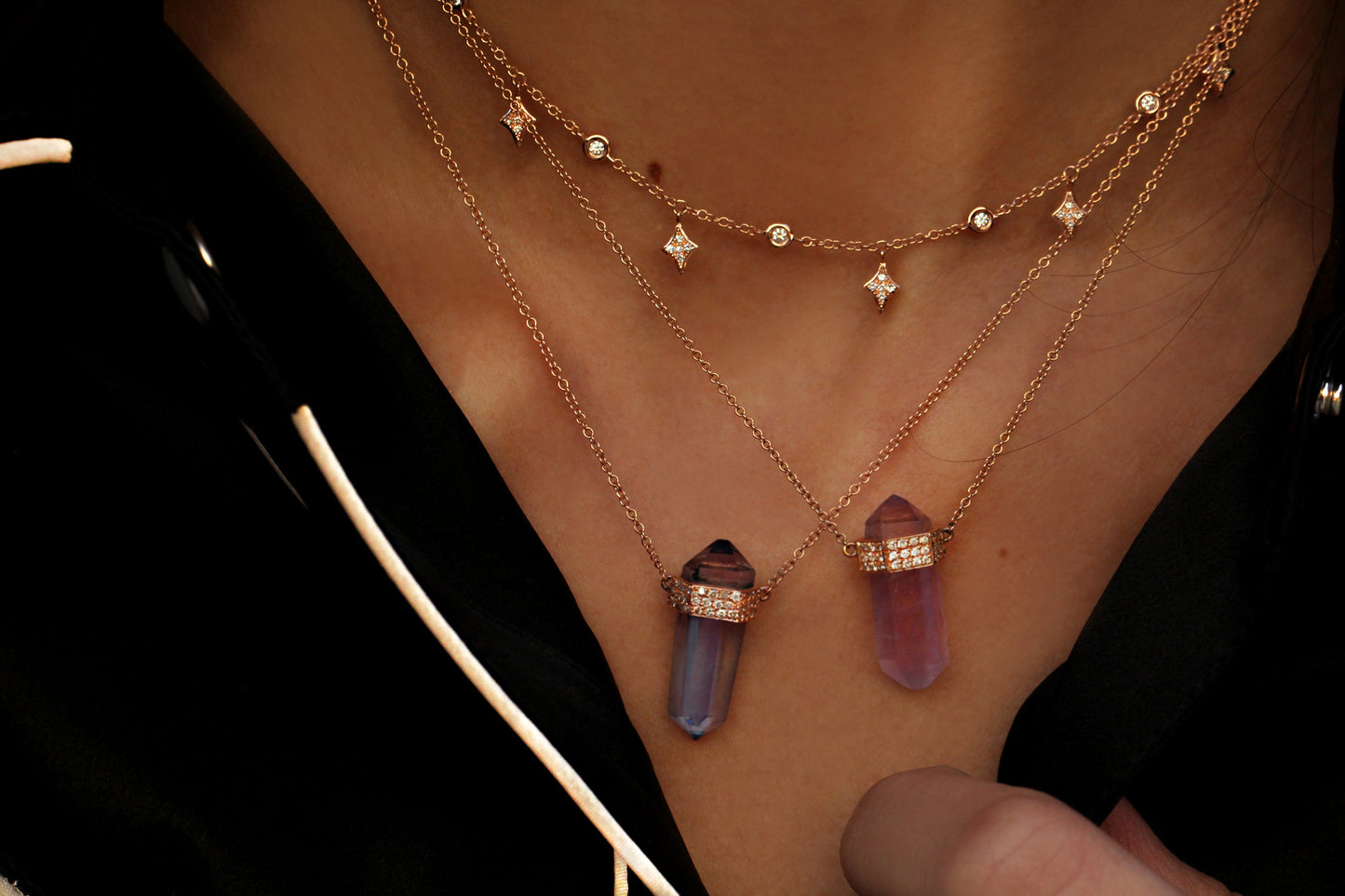 14kt gold and three diamond row aqua aura crystal bar necklace - Luna Skye