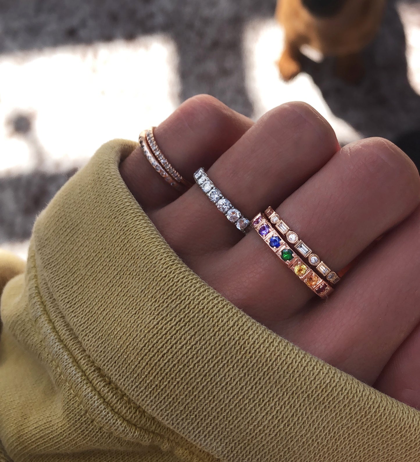 14kt gold thick rainbow sapphire band