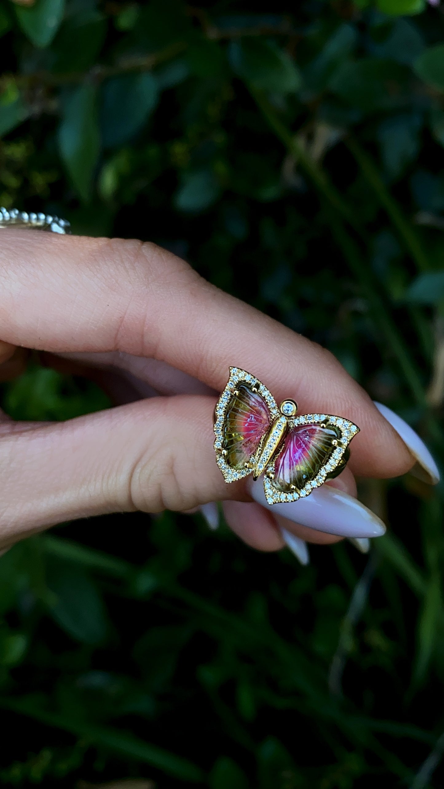 14kt gold and diamond watermelon tourmaline butterfly ring