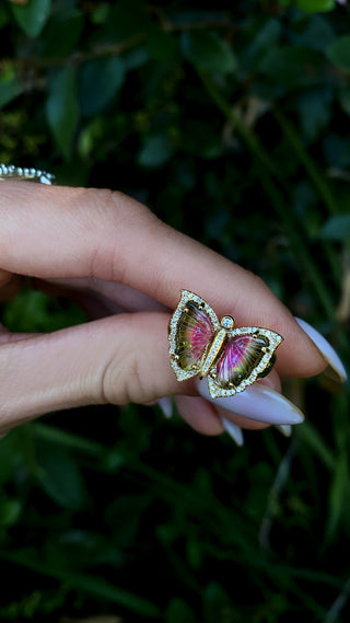 14kt gold and diamond watermelon tourmaline butterfly ring
