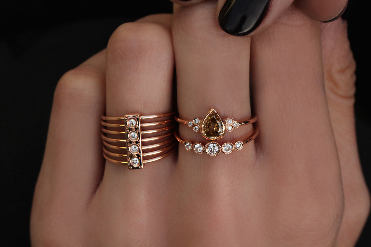 14kt gold and four diamond multi band cage ring - Luna Skye