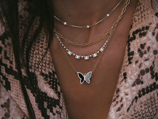 14kt gold baguette diamond row necklace