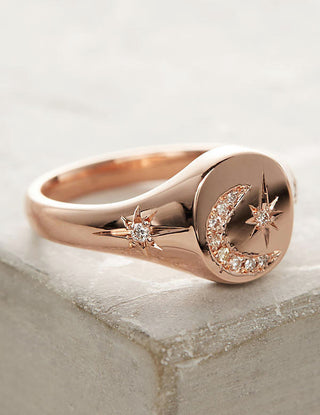 14kt gold and diamond star and moon signet ring - Luna Skye