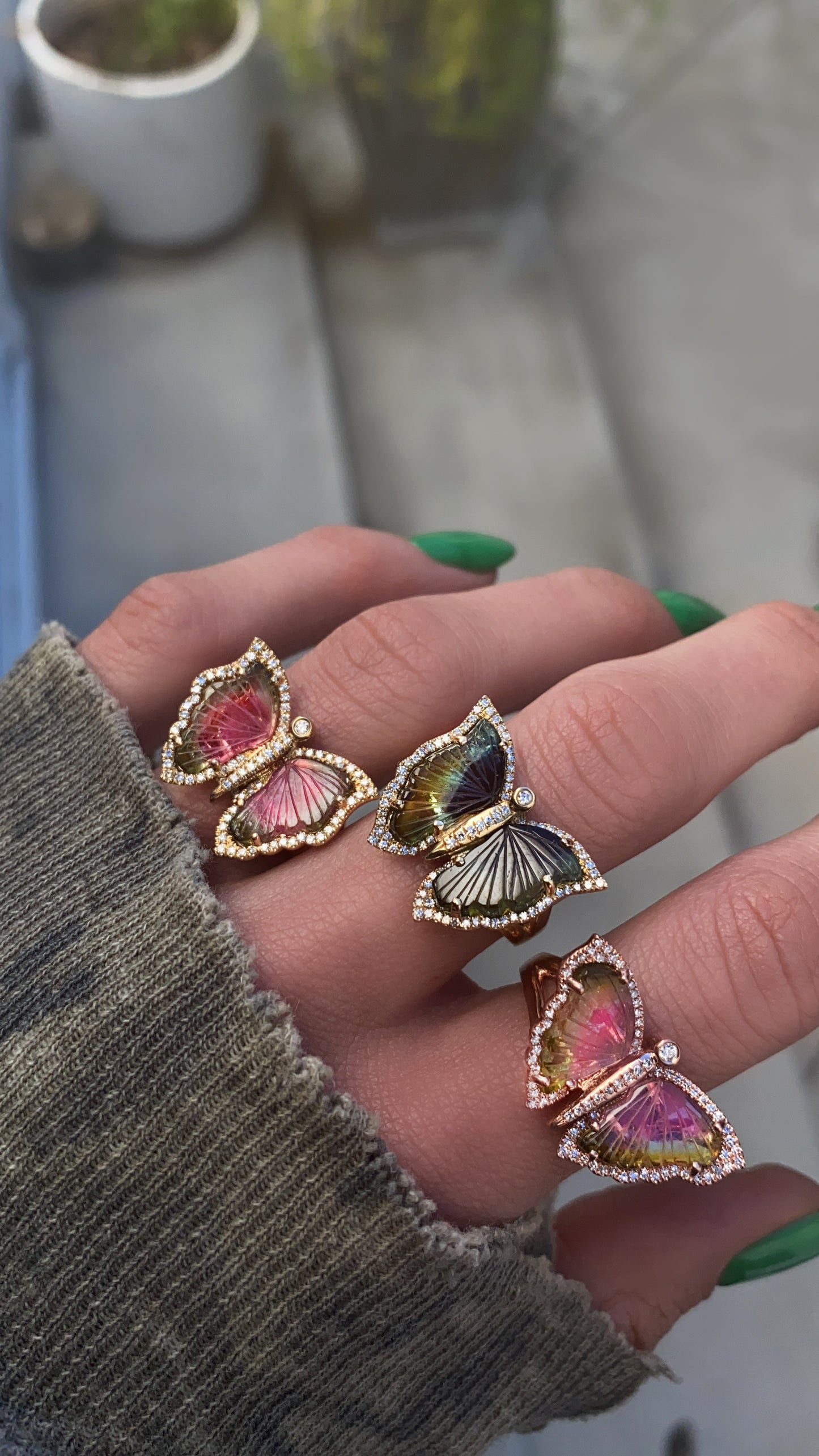 14kt gold and diamond watermelon tourmaline butterfly ring
