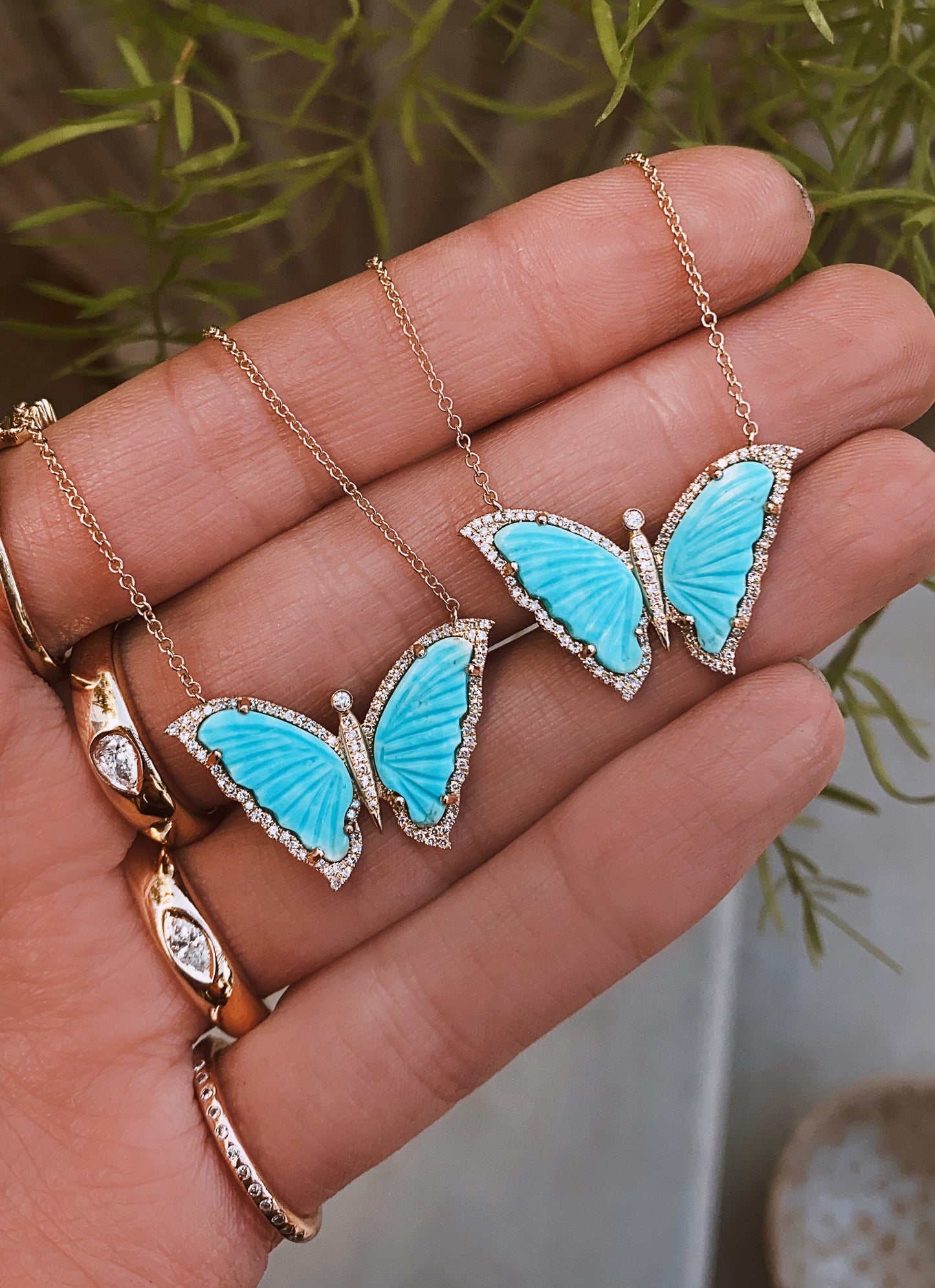 14kt gold and diamond turquoise baby butterfly necklace