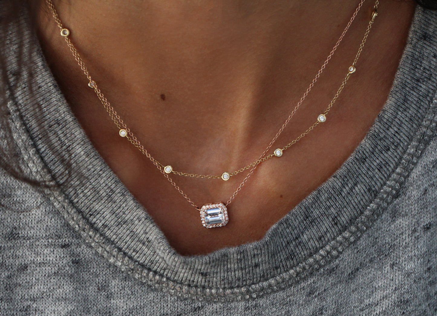 14kt gold emerald cut diamond halo necklace - Luna Skye