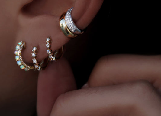14kt gold diamond cut diamond bezel hoops