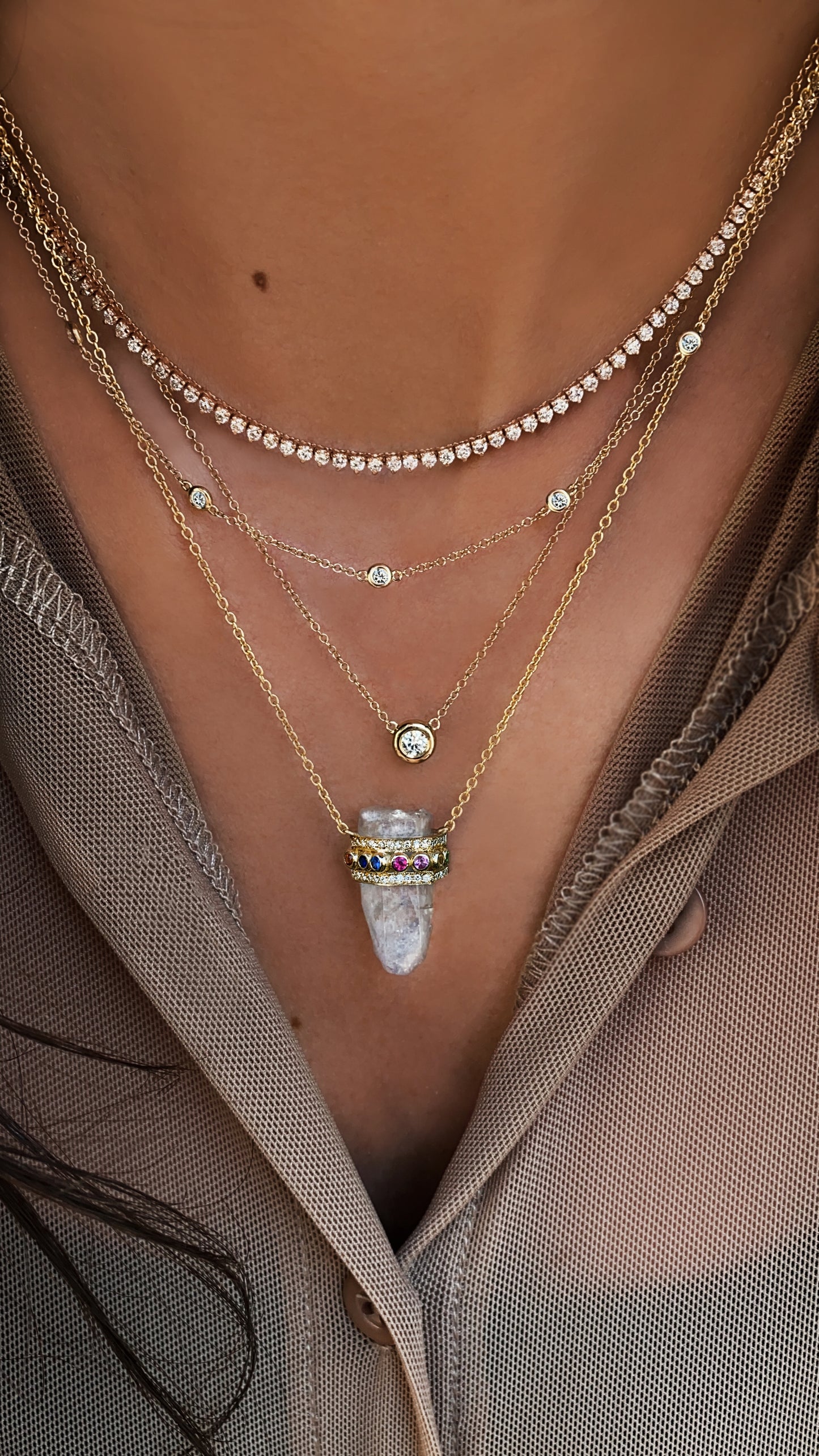 14kt gold and diamond rainbow sapphire quartz crystal bar necklace