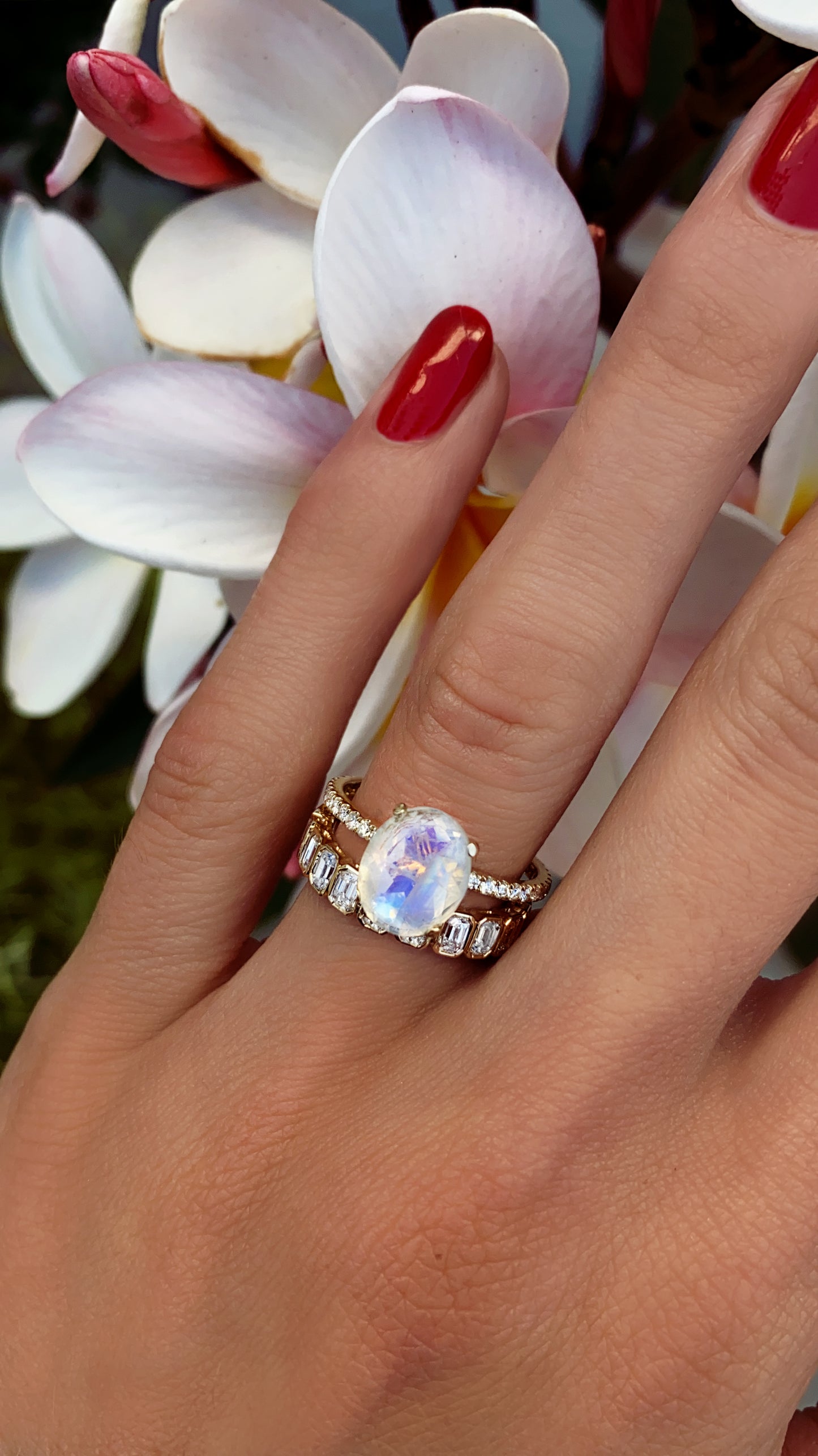 14kt gold and diamond solitaire moonstone eternity ring