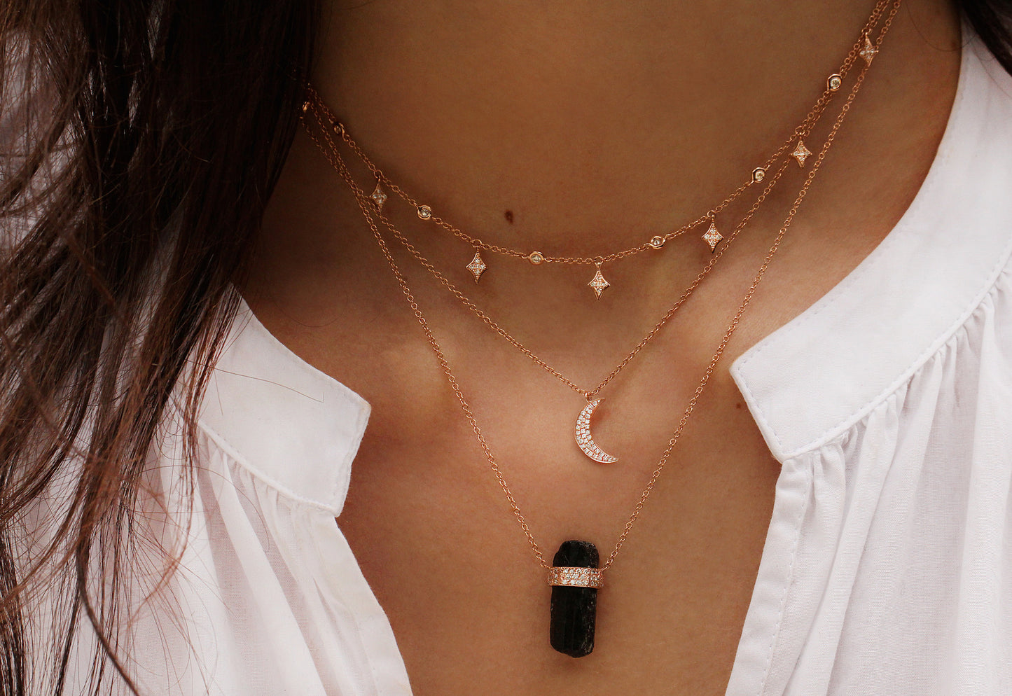 14kt rose gold and three diamond row black tourmaline crystal bar necklace - Luna Skye