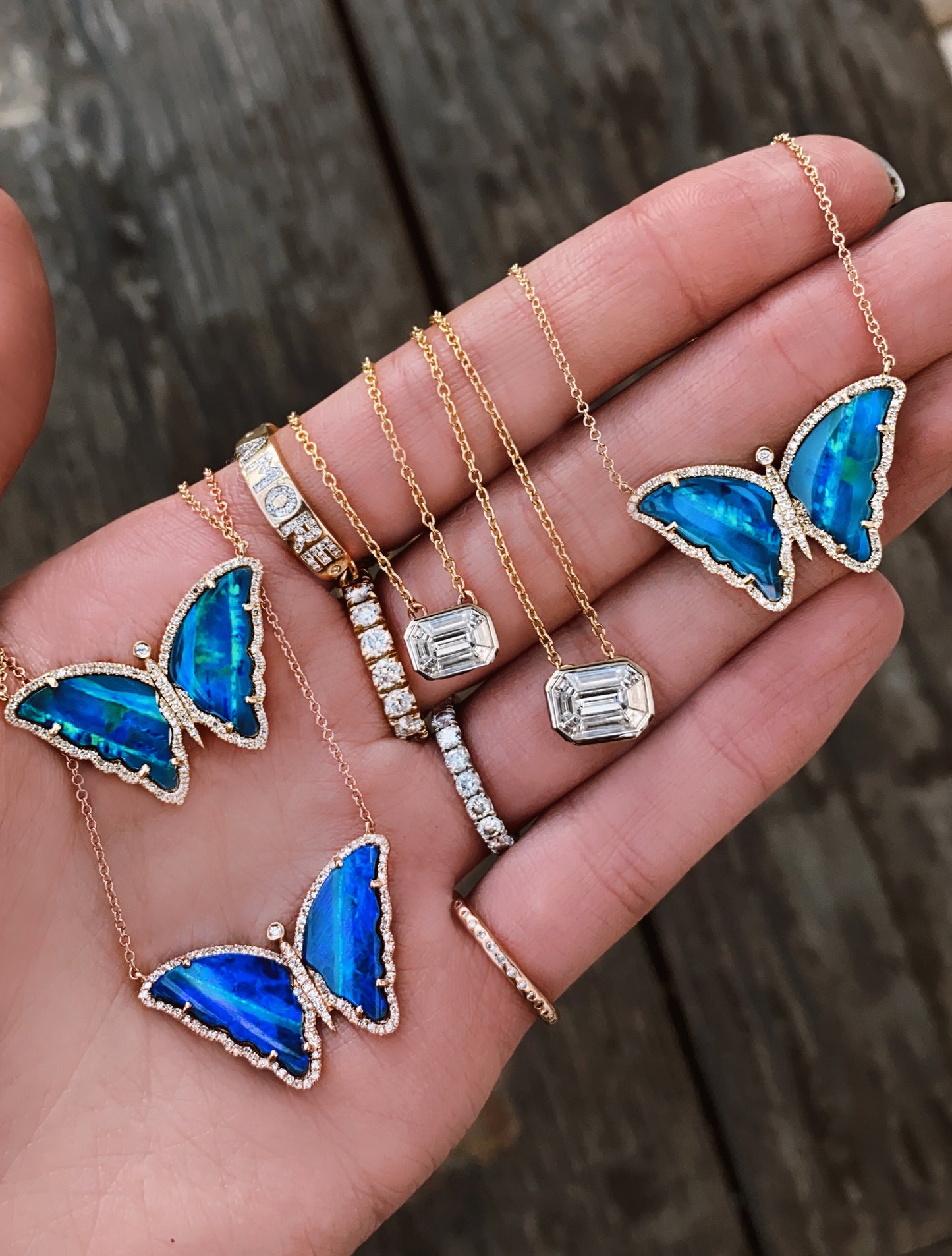 14kt gold and diamond opal butterfly necklace