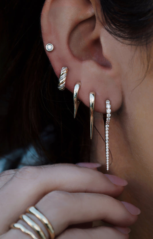 14kt gold single diamond long spike hoop