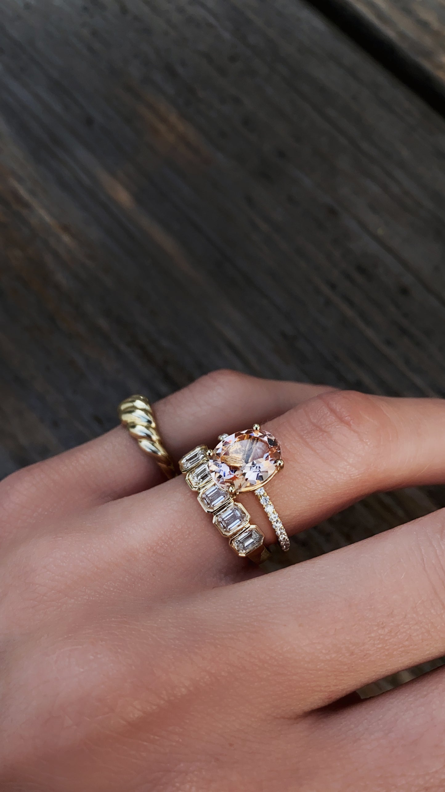 14kt gold emerald cut diamond bezel band