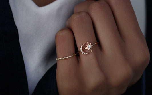 14kt gold and diamond crescent moon starburst ring - Luna Skye