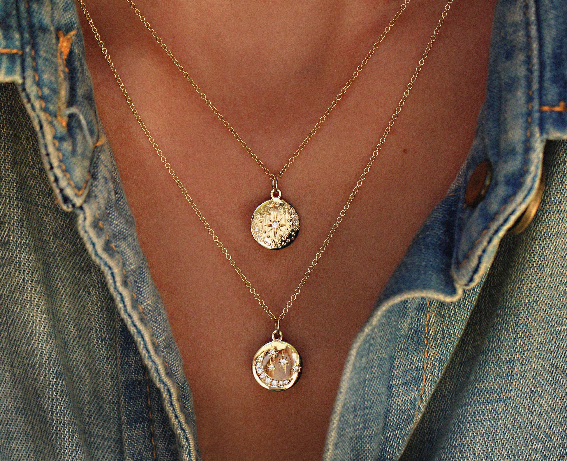 14kt gold diamond star and moon mini disk necklace - Luna Skye