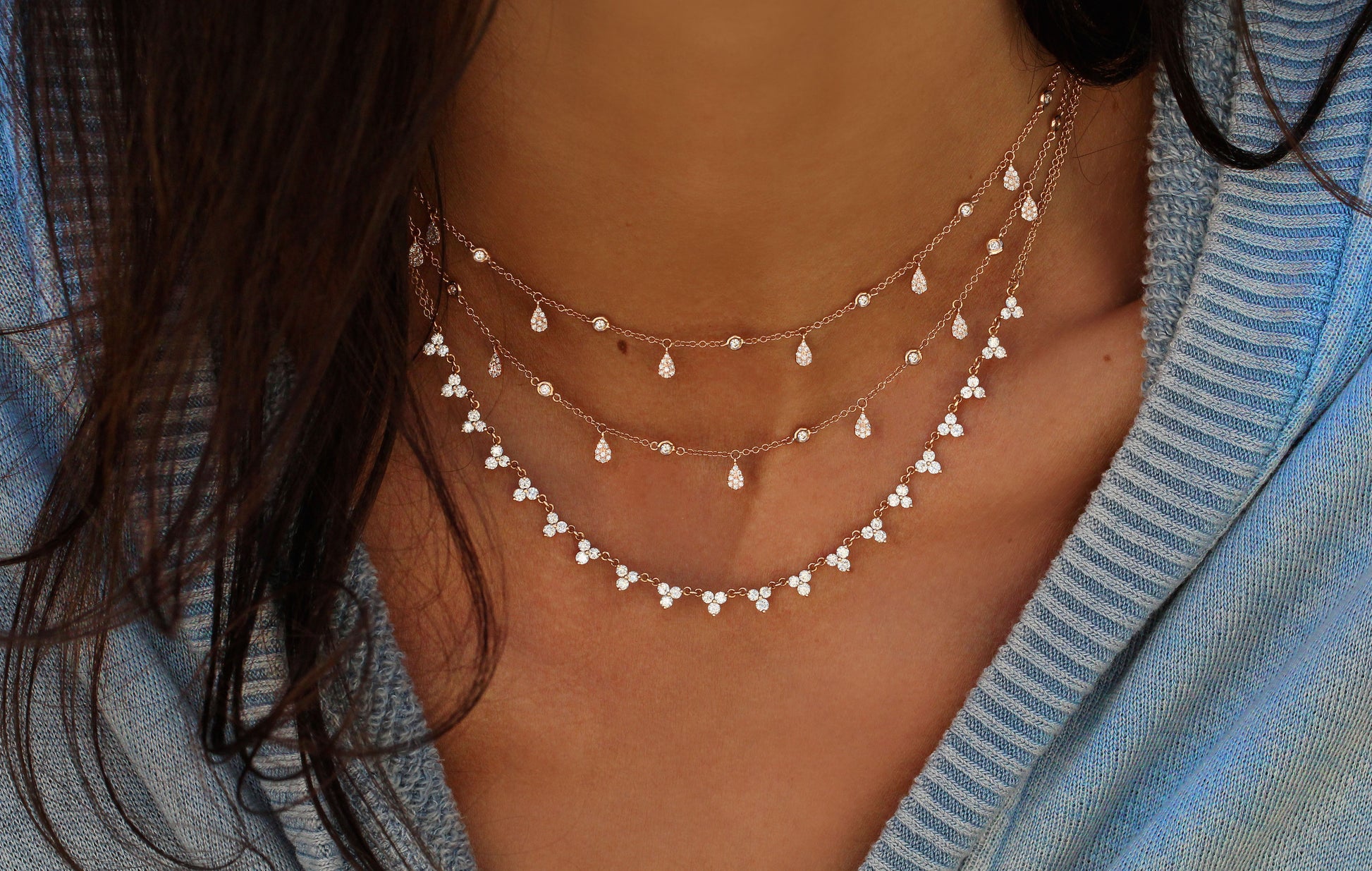 14kt gold and full diamond three bezel cluster necklace - Luna Skye