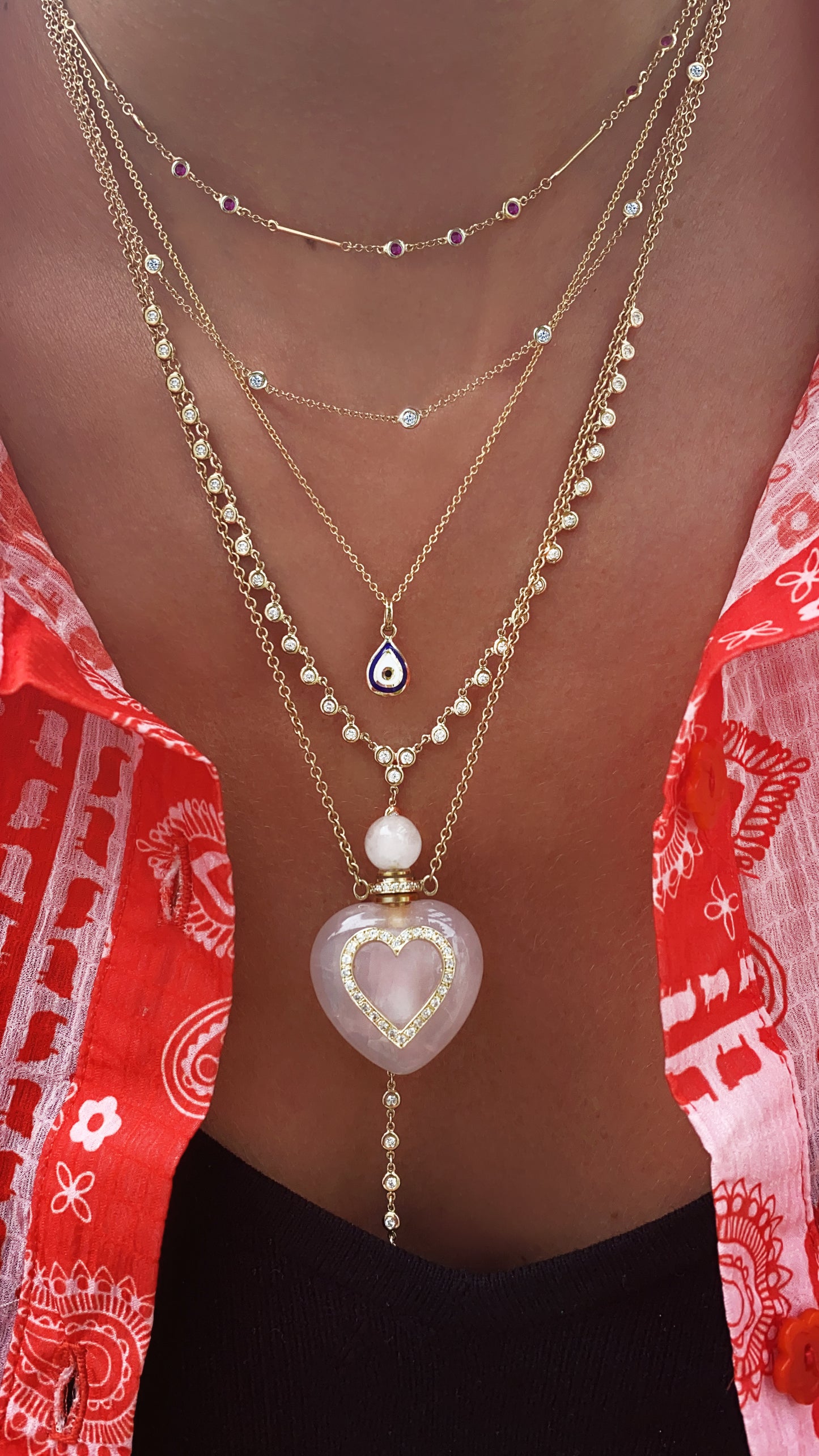 14kt gold and diamond heart rose quartz perfume bottle necklace
