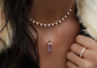 14kt gold and three diamond row amethyst crystal bar necklace - Luna Skye