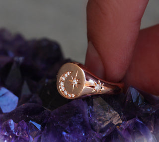 14kt gold and diamond star and moon signet ring - Luna Skye