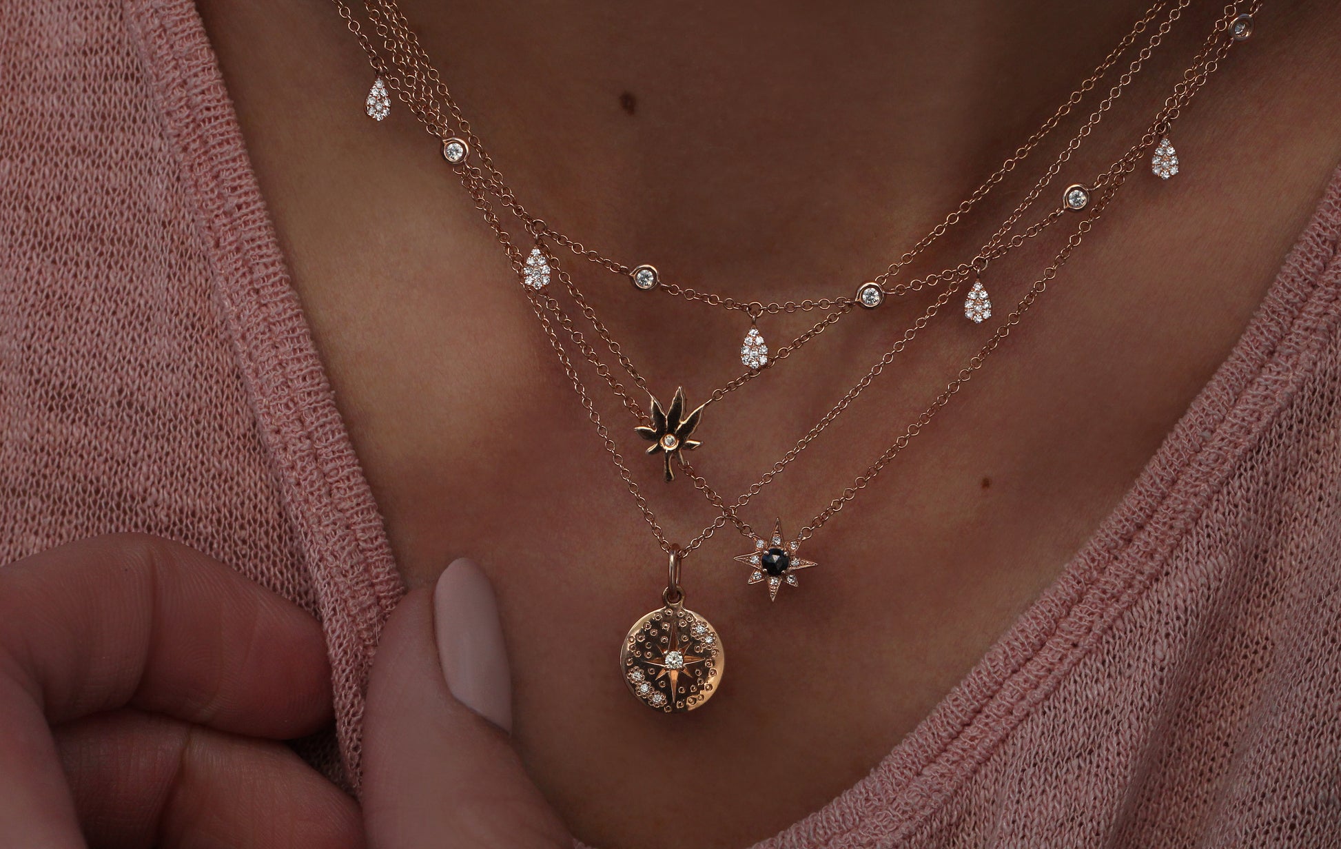 14kt gold and diamond starburst hammered mini disk necklace - Luna Skye