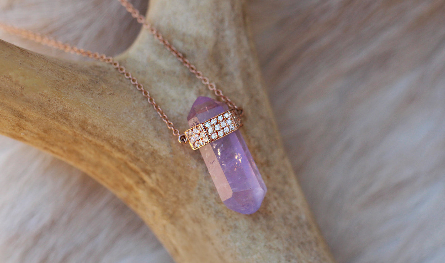 14kt gold and three diamond row amethyst crystal bar necklace - Luna Skye