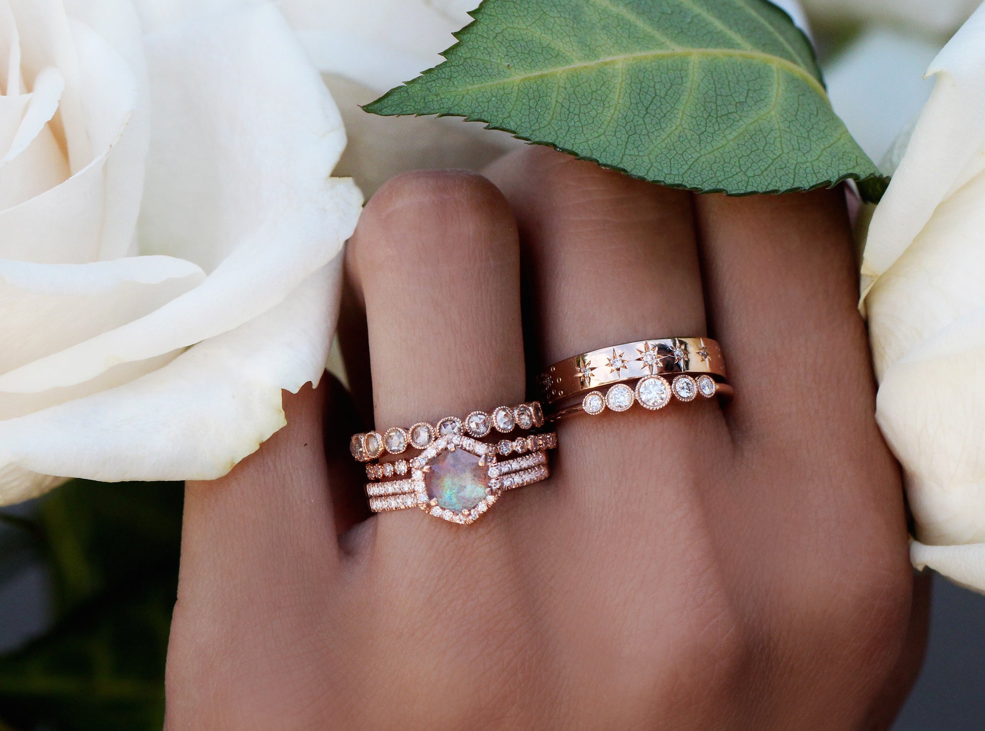 14kt gold and diamond labradorite hex ring