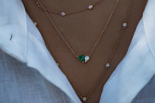14kt gold floating emerald heart teardrop diamond necklace