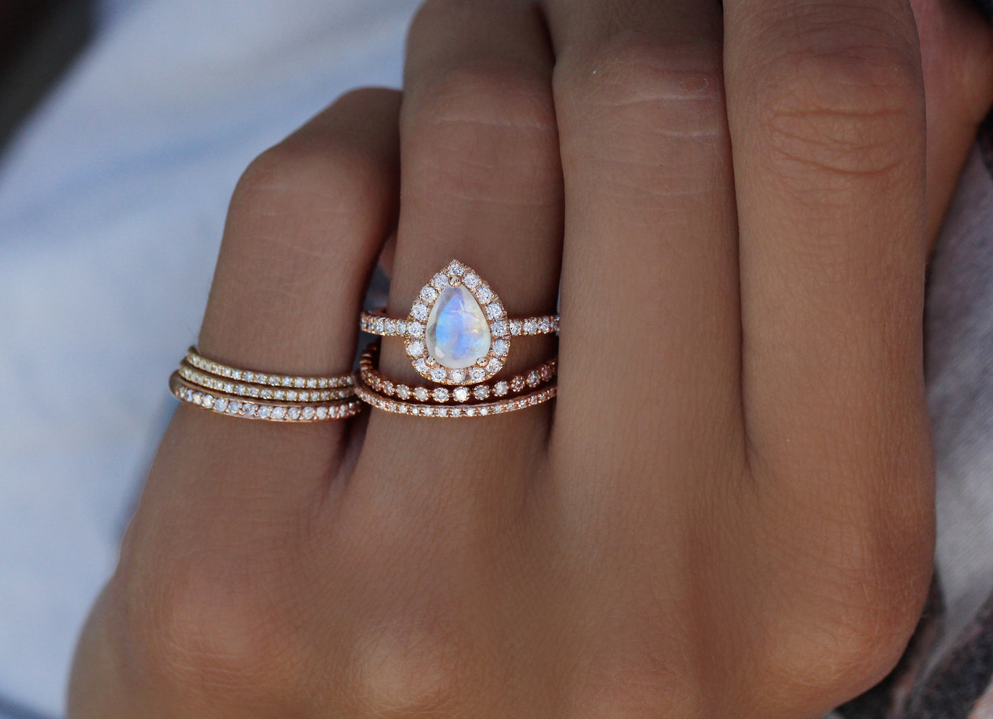 14kt gold and diamond large single band teardrop moonstone ring - Luna Skye