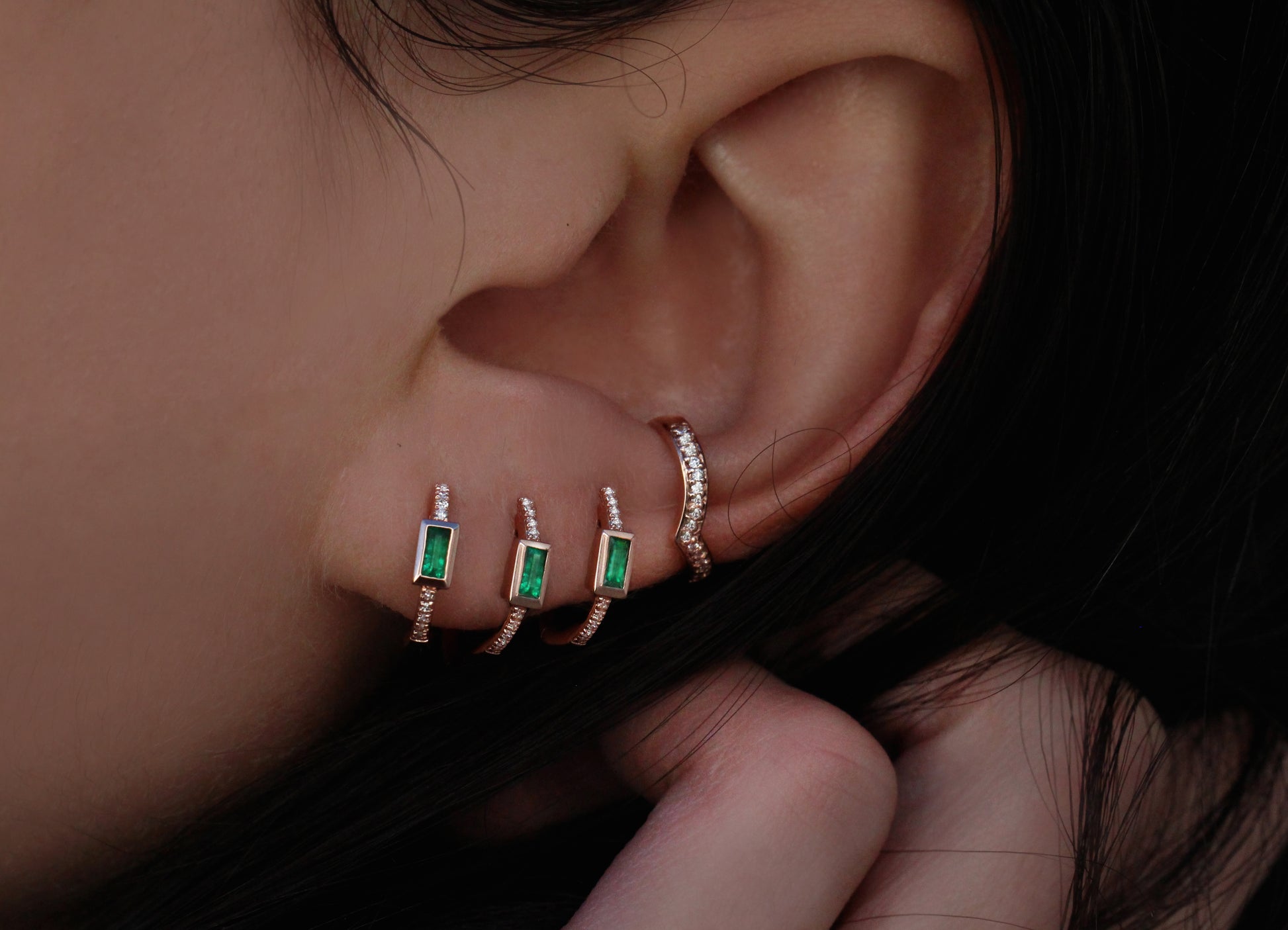 14kt gold diamond emerald baguette mini hoop - Luna Skye