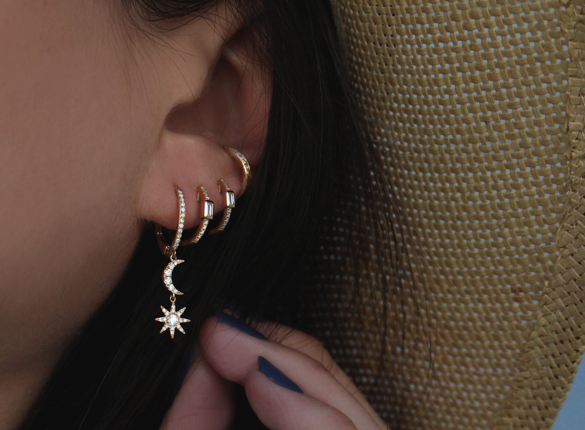 14kt gold and diamond starburst crescent drip earrings - Luna Skye