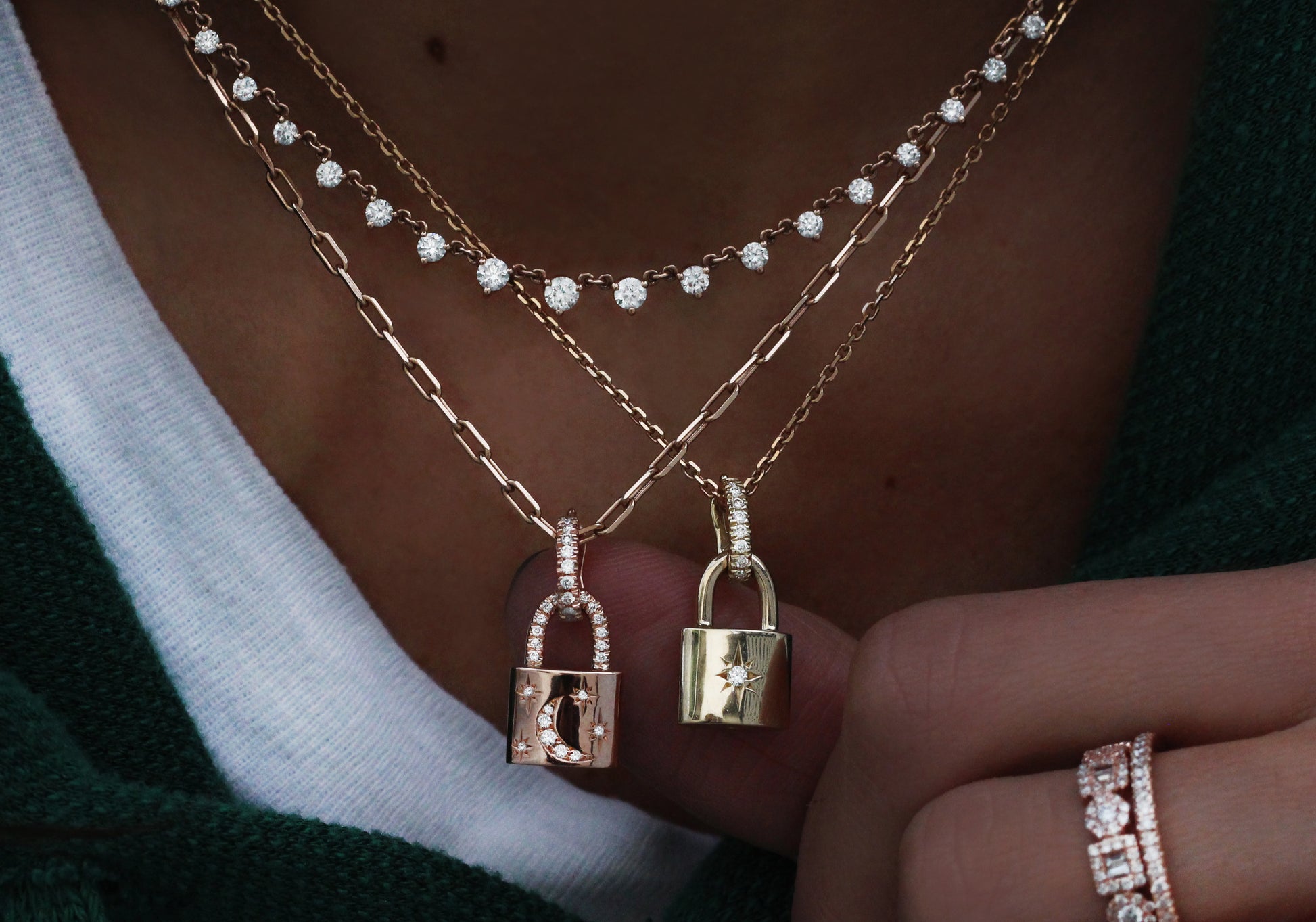 14kt gold and diamond crescent starburst lock necklace - Luna Skye