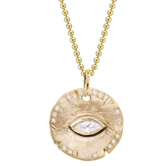 14kt gold marquise diamond eye coin necklace