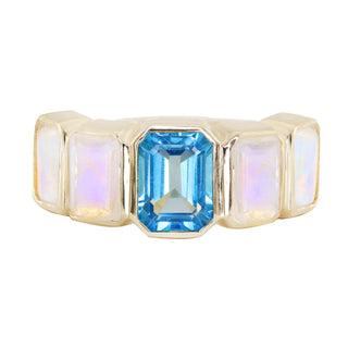 14kt gold emerald cut moonstone and blue topaz ring