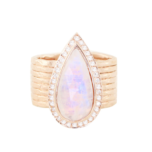 14kt gold and diamond multi hammered band teardrop moonstone ring - Luna Skye