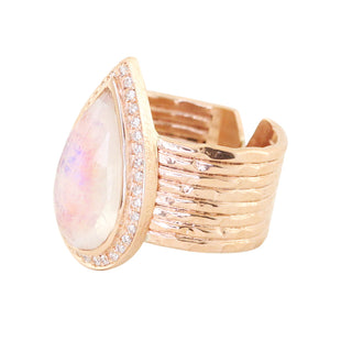 14kt gold and diamond multi hammered band teardrop moonstone ring - Luna Skye