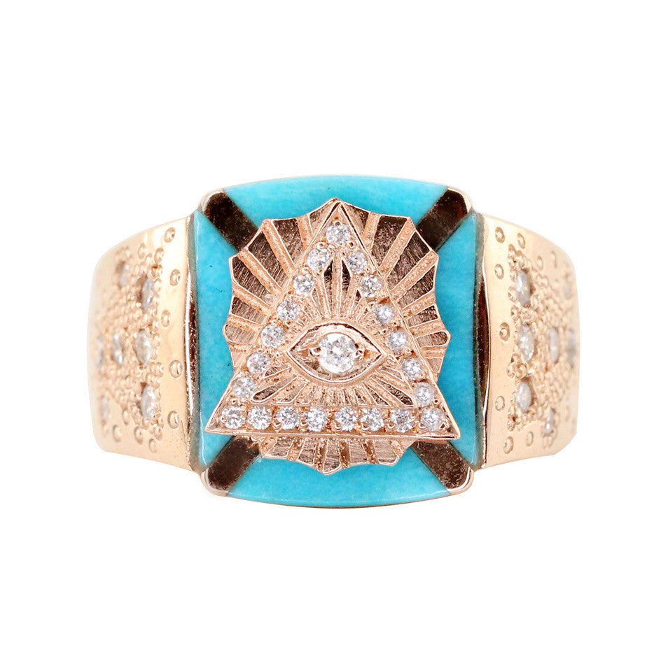 14kt gold diamond and turquoise pyramid eye ring - Luna Skye