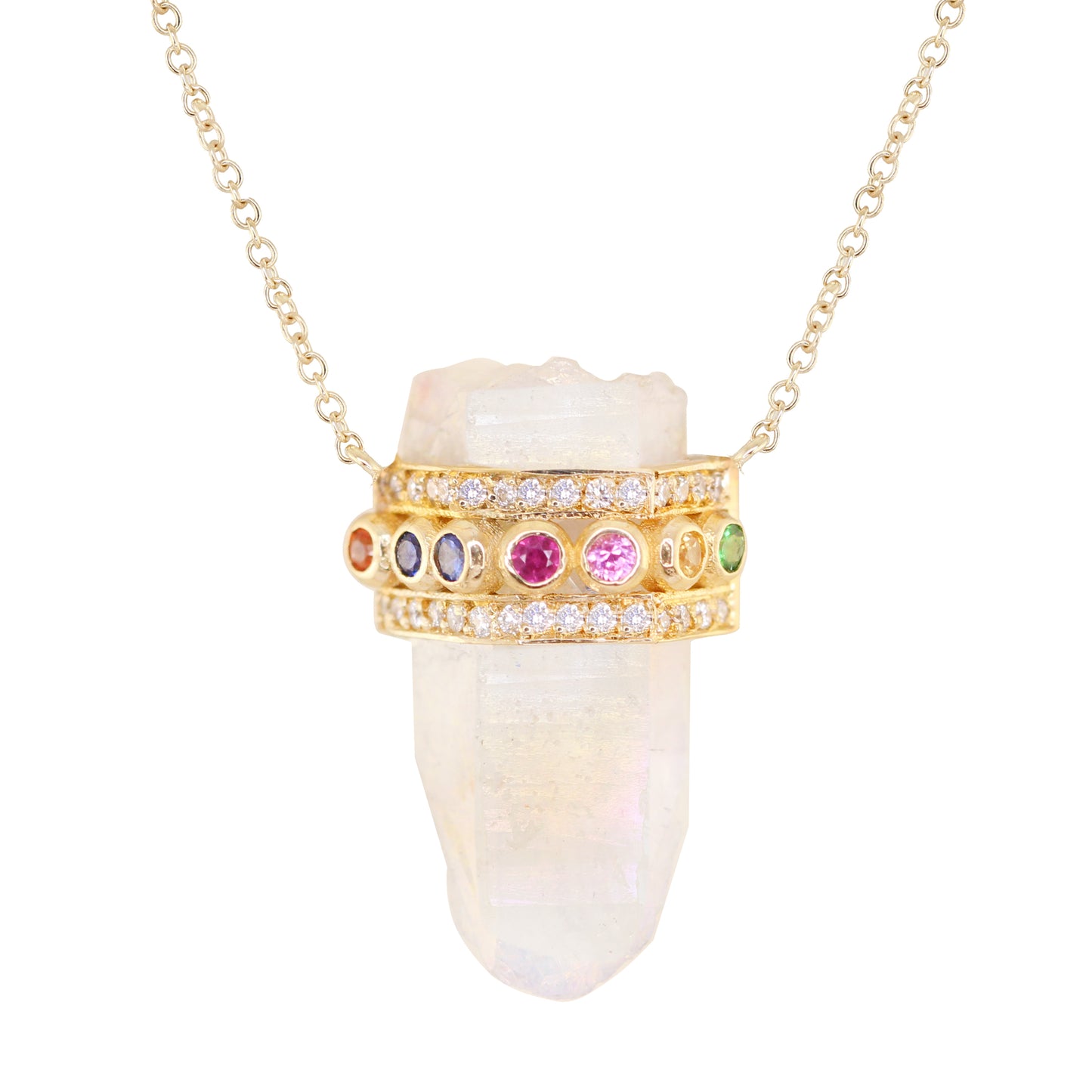 14kt yellow gold and diamond rainbow sapphire quartz crystal bar necklace