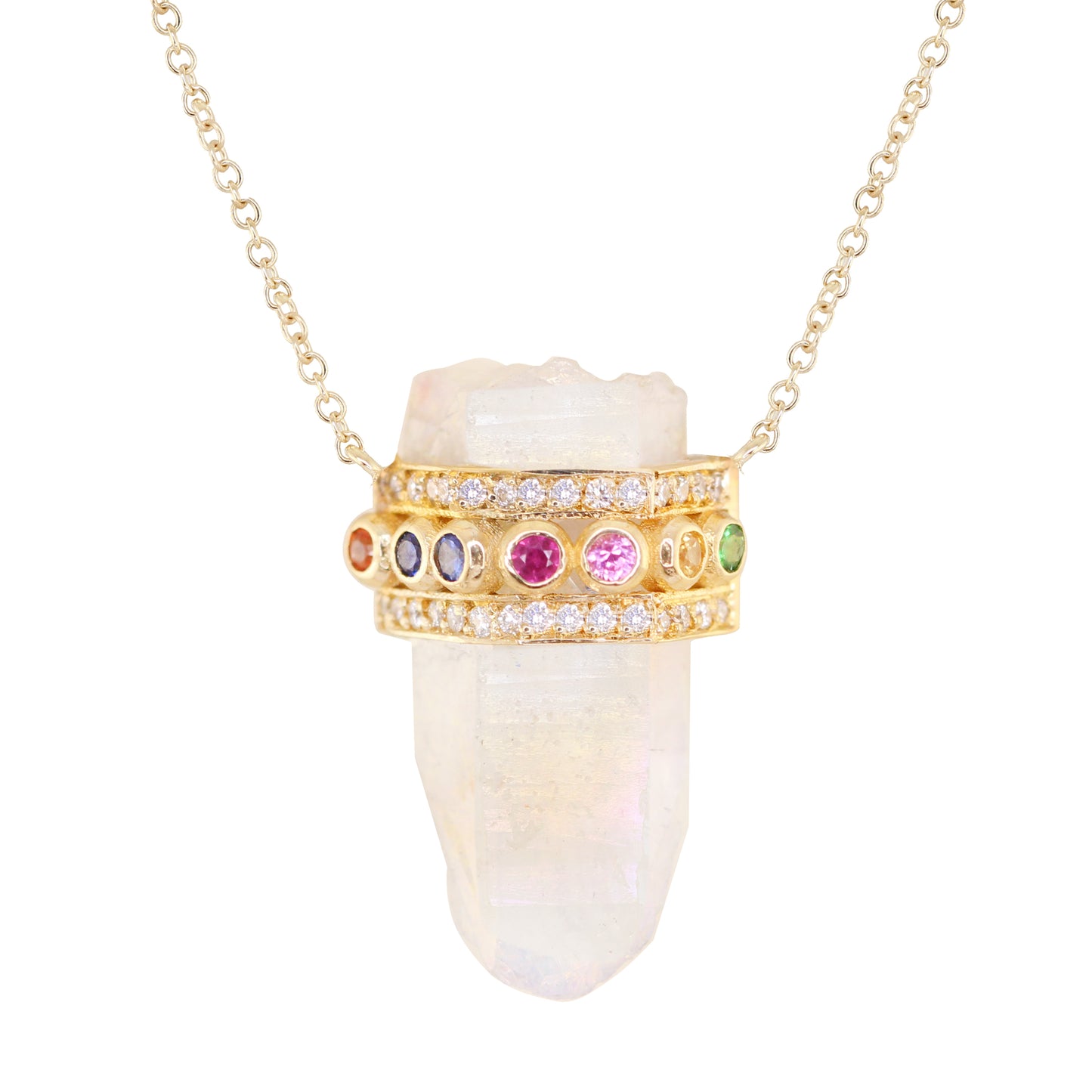 14kt gold and diamond rainbow sapphire quartz crystal bar necklace