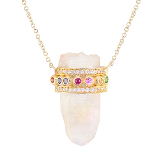 14kt gold and diamond rainbow sapphire quartz crystal bar necklace