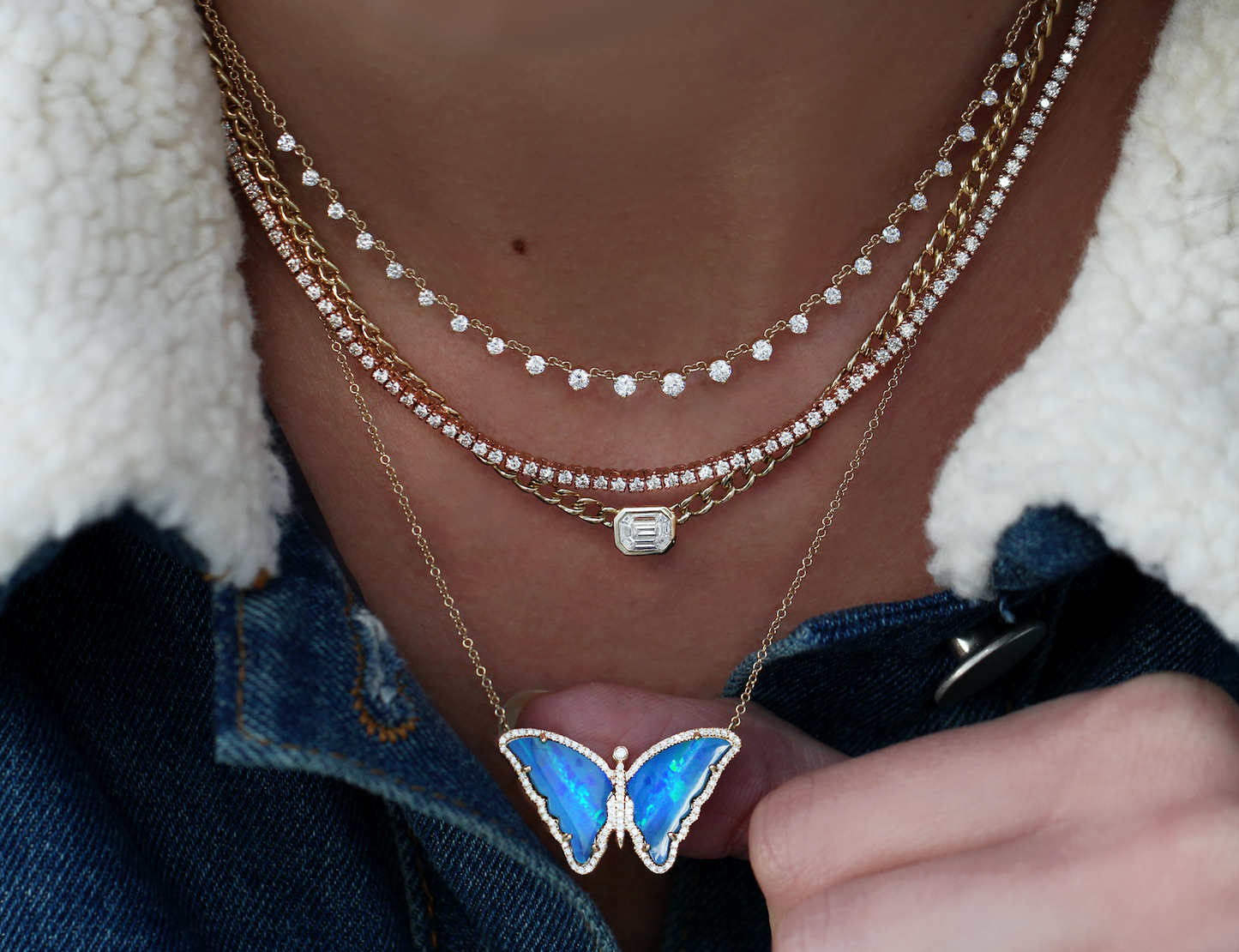 14kt gold and diamond opal butterfly necklace