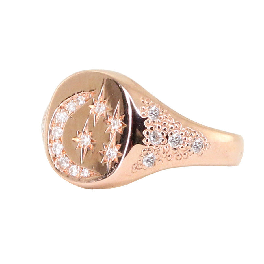 14kt gold white diamond star and moon vintage signet ring - Luna Skye