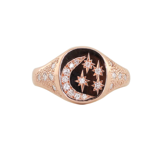 14kt gold white diamond star and moon vintage signet ring - Luna Skye