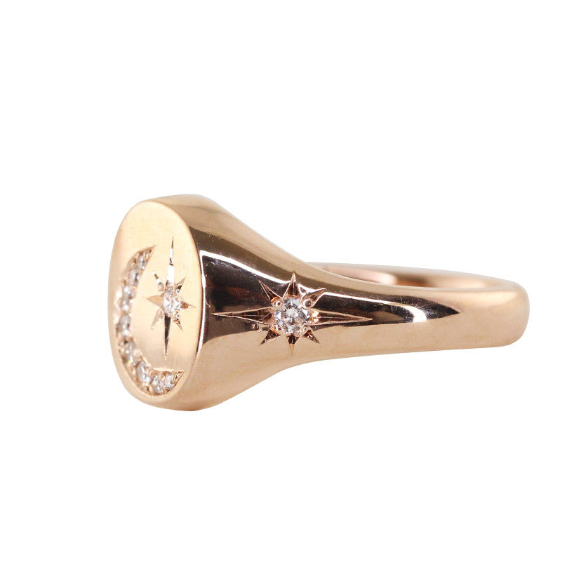 14kt gold and diamond star and moon signet ring - Luna Skye