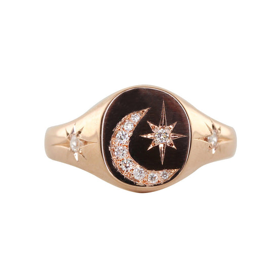 14kt gold and diamond star and moon signet ring - Luna Skye