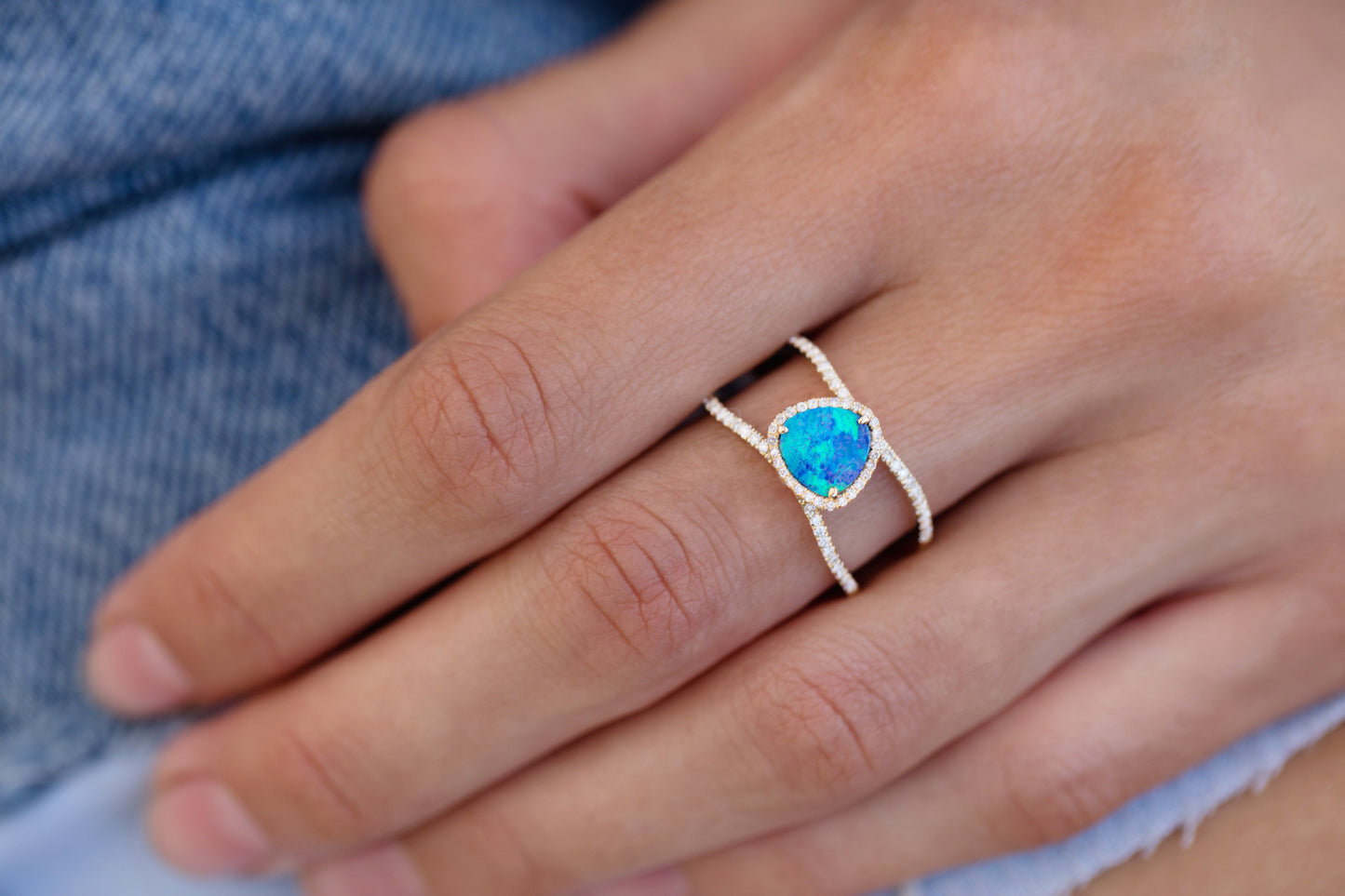 14kt gold and diamond Petite Triangle Double Band Opal ring - Luna Skye