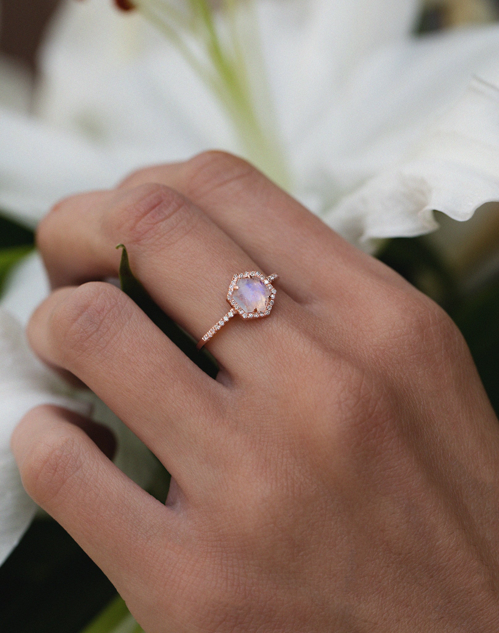 14kt gold and diamond moonstone hex ring - Luna Skye