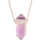 14kt gold and three diamond row amethyst crystal bar necklace