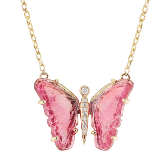 14kt gold and diamond pink tourmaline baby butterfly necklace