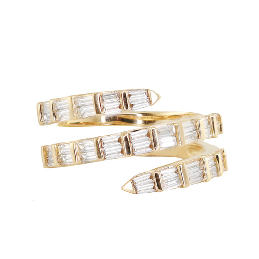 14kt gold baguette diamond coil ring
